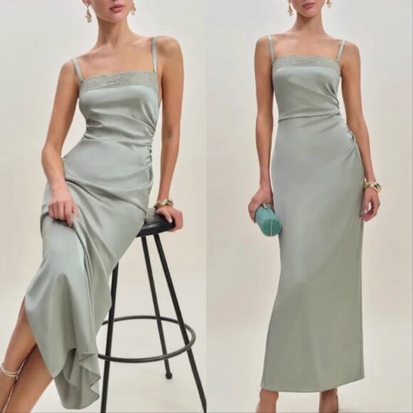 New Reformation Vesper Satin Midi Dress Salvia Sage - Picture 1 of 6